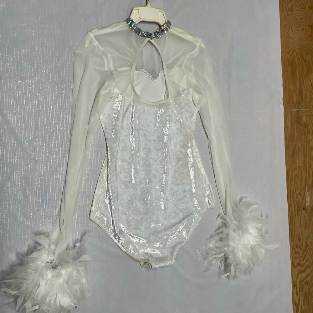 Vintage 1980’s Sparkling White Women’s Costume with Feather Accents - Picture 2 of 5